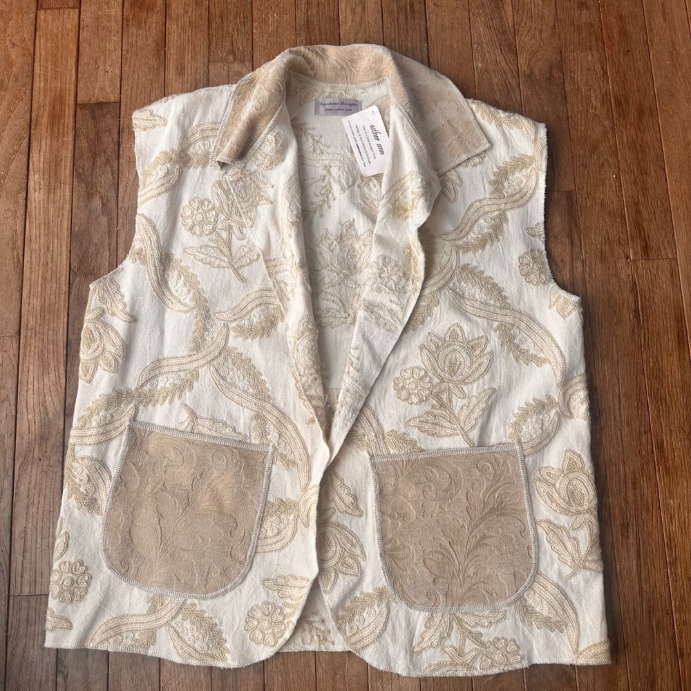Vtg Handmade Embroidered Tapestry Vest Esther Ann Women OS Boho Cream Festival